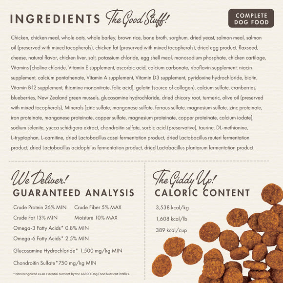 Dog food label with ingredients list, guaranteed analysis, and caloric content.