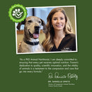 Woman with a dog on a green background with text and a logo.