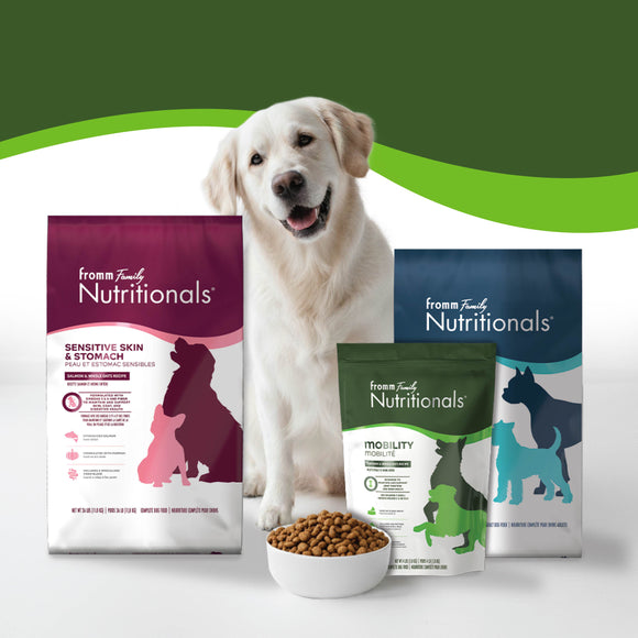 Dog with Fromm Family Nutritionals dog food packages on a white background