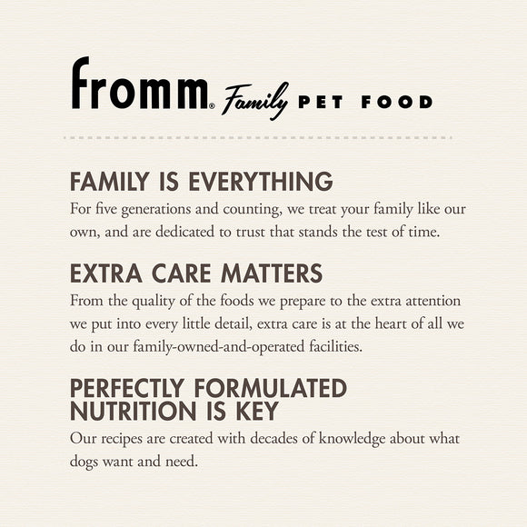Fromm Family Pet Food advertisement with text about their commitment to pet care.