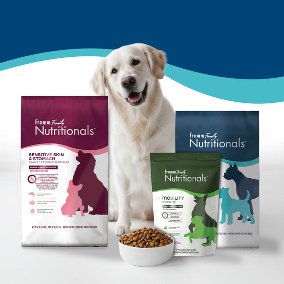 Dog with Fromm Family Nutritionals dog food packages on a white background