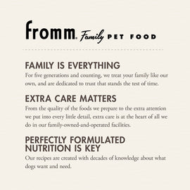 Fromm Family Pet Food advertisement with text about their commitment to pet care.