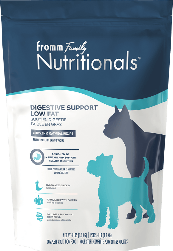 Dog food package with 'Fromm Family Nutritionals' branding on a blue and white background
