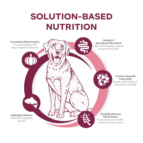 Diagram of a dog with text about solution-based nutrition on a white background