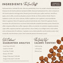 Dog food label with ingredients list, guaranteed analysis, and caloric content on a white background.