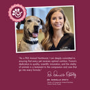 Woman with a dog on a purple background with text and a logo.