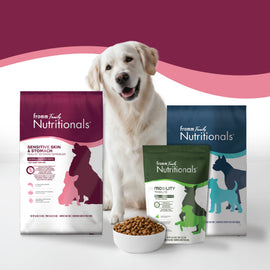 Dog with Fromm Family Nutritionals dog food packages on a white background