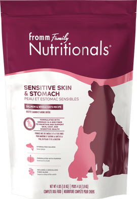 Fromm Family Nutritionals dog food package for sensitive skin and stomach on a white background