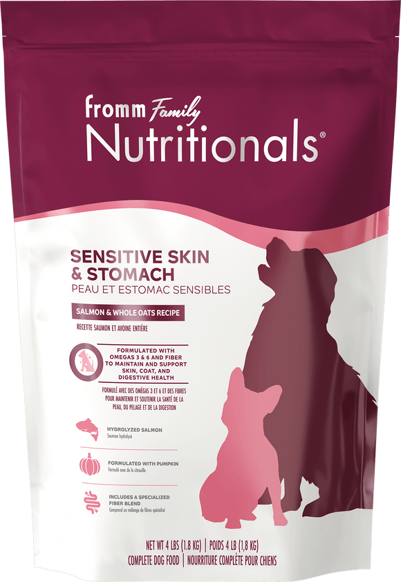 Fromm Family Nutritionals dog food package for sensitive skin and stomach on a white background