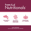 Fromm Family Nutritionals product label with icons and text on a purple and white background
