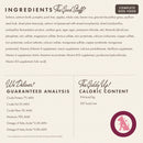 Dog food ingredient list and nutritional information on a white background