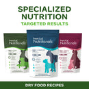 Three packages of Fromm Family Nutritionals dog food with text about specialized nutrition and targeted results.