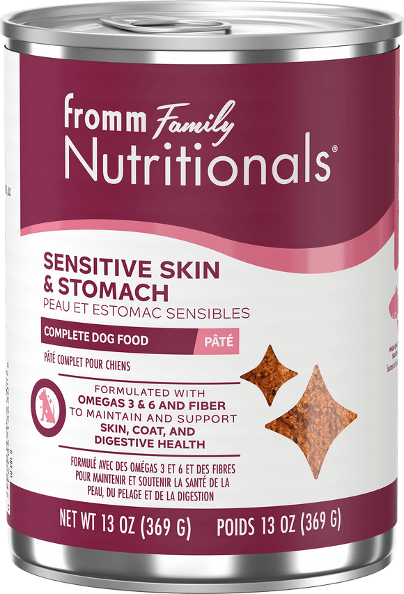 Can of Fromm Family Nutritionals Sensitive Skin & Stomach dog food on a white background