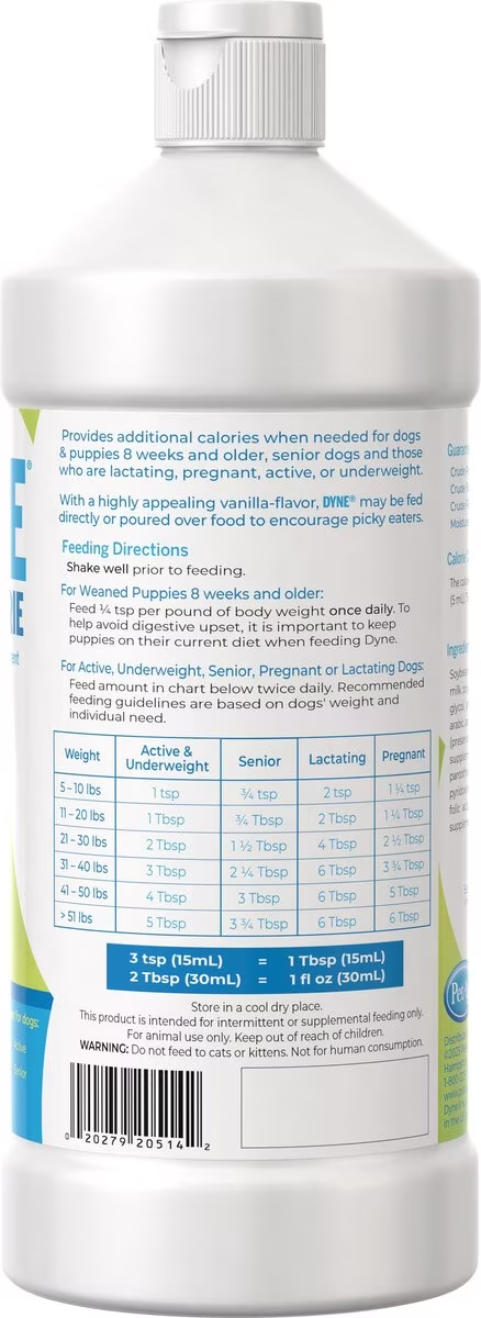 backside of dyne high calorie liquid for dogs