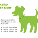 Dog collar size chart with green silhouette of a dog and measurement guide.