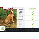 Dog wearing a Cycle Dog No-Stink collection collar with features listed on the right.