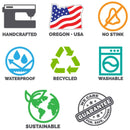 Collection of icons and symbols related to craftsmanship, location, sustainability, and product features on a white background.