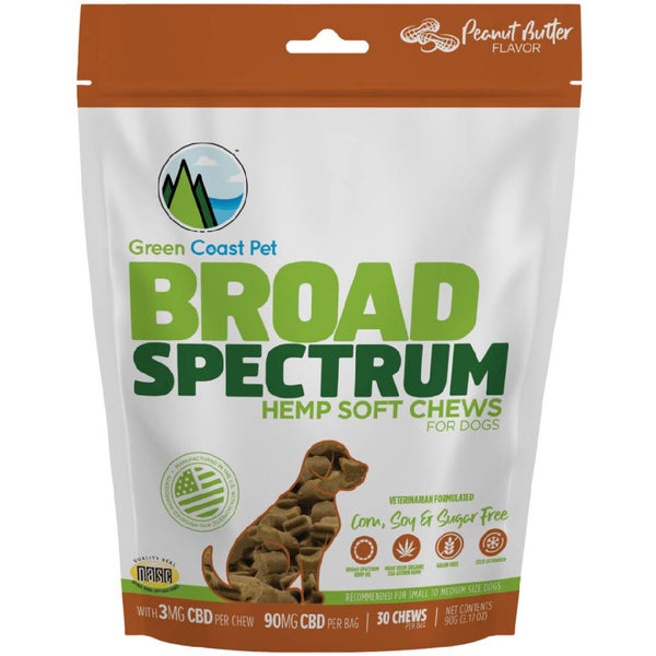 Green Coast Pet Broad Spectrum Hemp Peanut Butter Flavor Soft Chews for Dogs (30 ct)