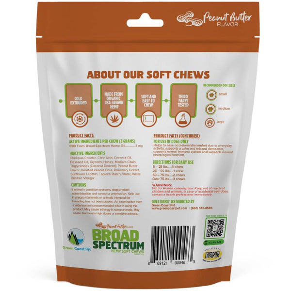 Green Coast Pet Broad Spectrum Hemp Peanut Butter Flavor Soft Chews for Dogs (30 ct)