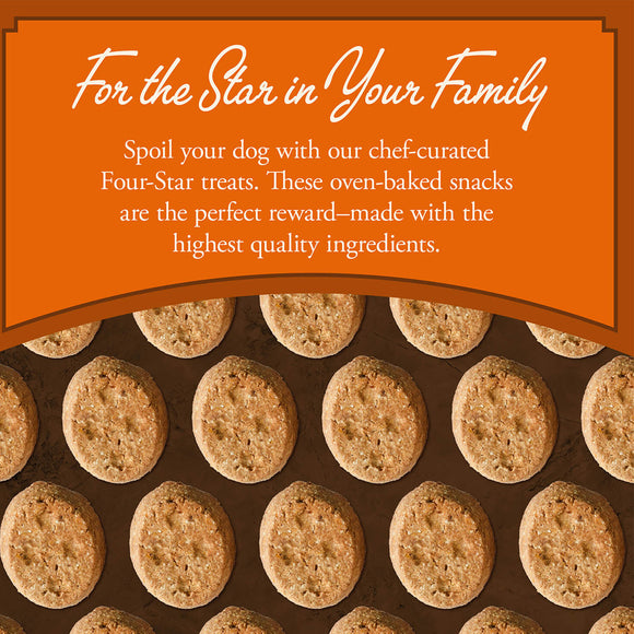 Dog treats on a brown surface with an orange banner and text about the treats.