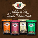 Assorted packages of Fromm pet treats on a brown background with the brand logo.