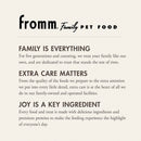 Fromm Family Pet Food advertisement with text about their commitment to pet care.