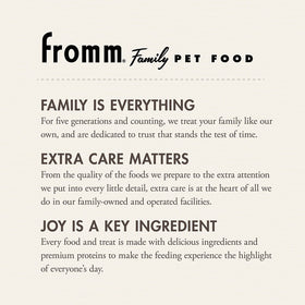 Fromm Family Pet Food advertisement with text about their commitment to pet care.