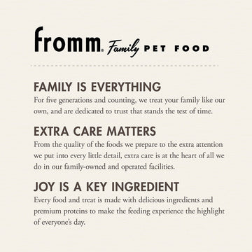 Fromm Family Pet Food advertisement with text about their commitment to pet care.