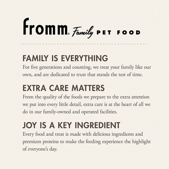 Fromm Family Pet Food advertisement with text about their commitment to pet care.