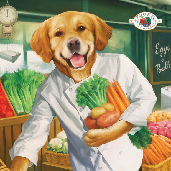 Illustration of a dog in a chef's coat holding vegetables in a grocery store setting.