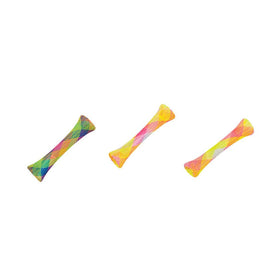 Three colorful bone-shaped dog toys on a white background