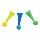 Three colorful plastic toys with different shapes on a white background