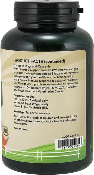 NOW Pets Omega-3 Support For Dog & Cat, 180 ct