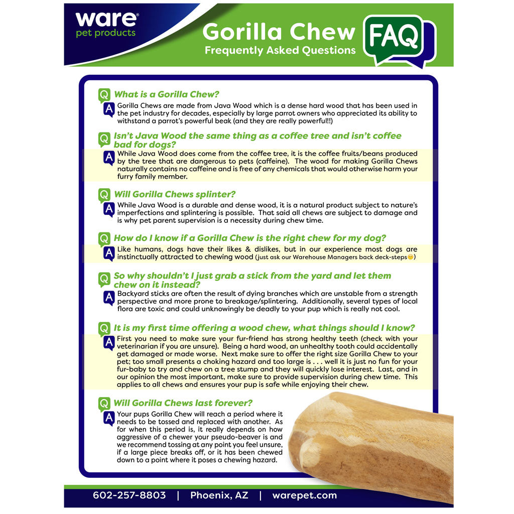 Ware Gorilla Chew, Large, Long Lasting Wood Chew for Dogs