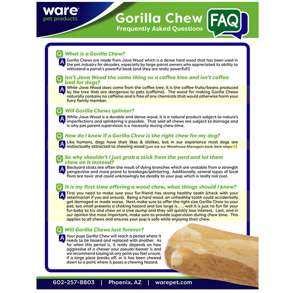 Ware Gorilla Chew, Large, Long Lasting Wood Chew for Dogs