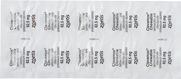 Clavamox (amoxicillin trihydrate/clavulanate potassium) Chewable Tablets, 62.5mg
