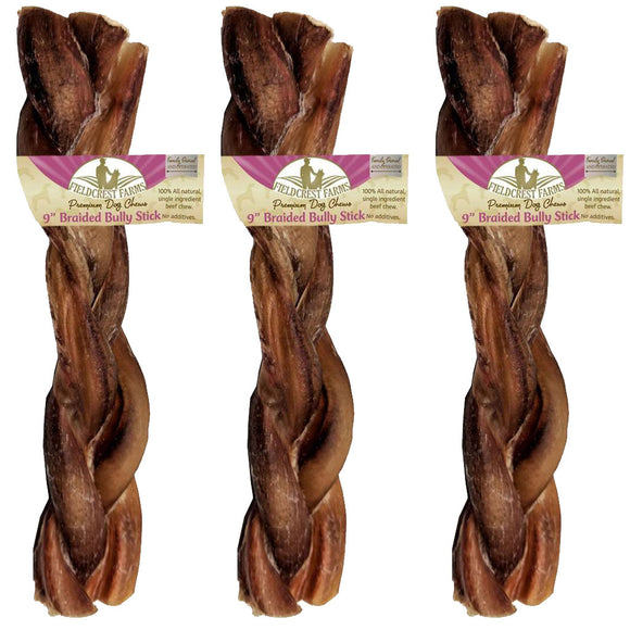 Fieldcrest Farms Premium Dog Chews 9" Braided Bully Stick, 3-count