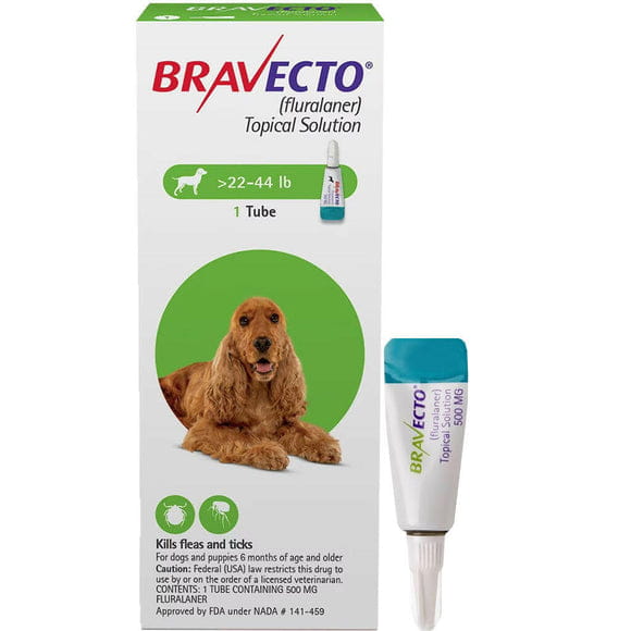 Bravecto topical solution for dogs 22 to 44 pounds product box