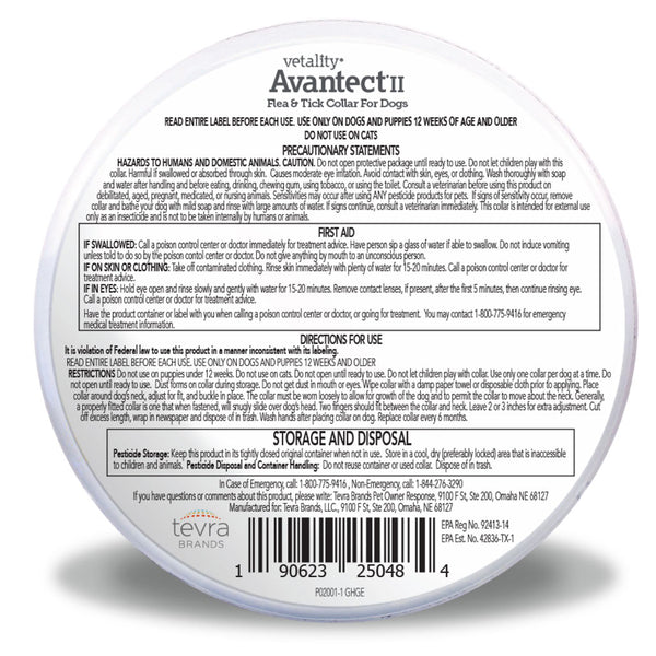 TevraPet Vetality Avantect II Flea & Tick Collar, 2 count Backside