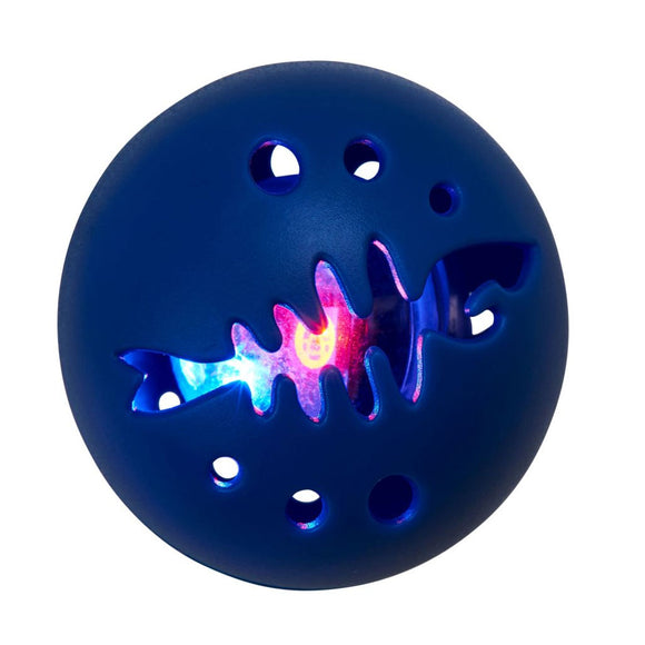 Blue ball with fish cutout and glowing interior on a white background