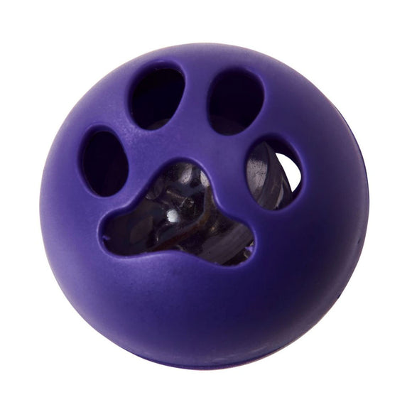 Purple ball with paw print design on a white background