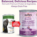 Two cans of Dave's Pet Food dog food with text highlighting balanced recipes and grain-free status.