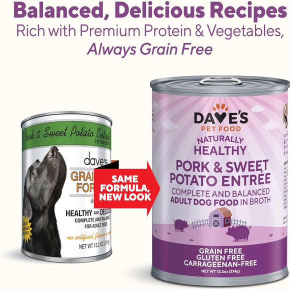 Two cans of Dave's Pet Food dog food with text highlighting balanced recipes and grain-free status.