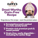 Advertisement for Dave's Pet Food with a pug eating from a bowl on a purple background.