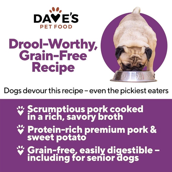 Advertisement for Dave's Pet Food with a pug eating from a bowl on a purple background.