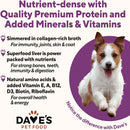 Advertisement for Dave's Pet Food with a dog and text about nutrient-dense pet food.