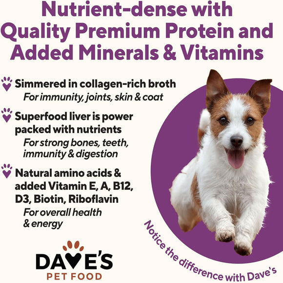 Advertisement for Dave's Pet Food with a dog and text about nutrient-dense pet food.
