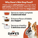 Advertisement for Dave's Pet Food with a dog holding a bowl and text about wet dog food benefits.