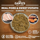 Dave's Pet Food Real Pork & Sweet Potato in Broth with ingredients and health benefits on a wooden background