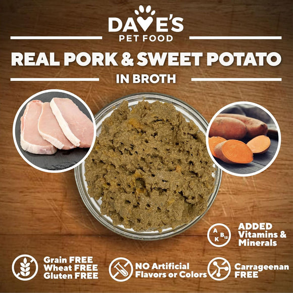 Dave's Pet Food Real Pork & Sweet Potato in Broth with ingredients and health benefits on a wooden background